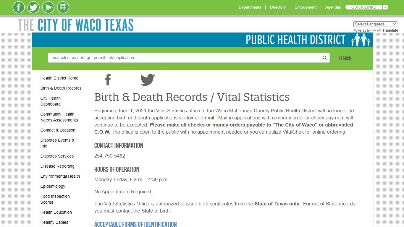 Birth & Death Records / Vital Statistics - Waco McLennan ...