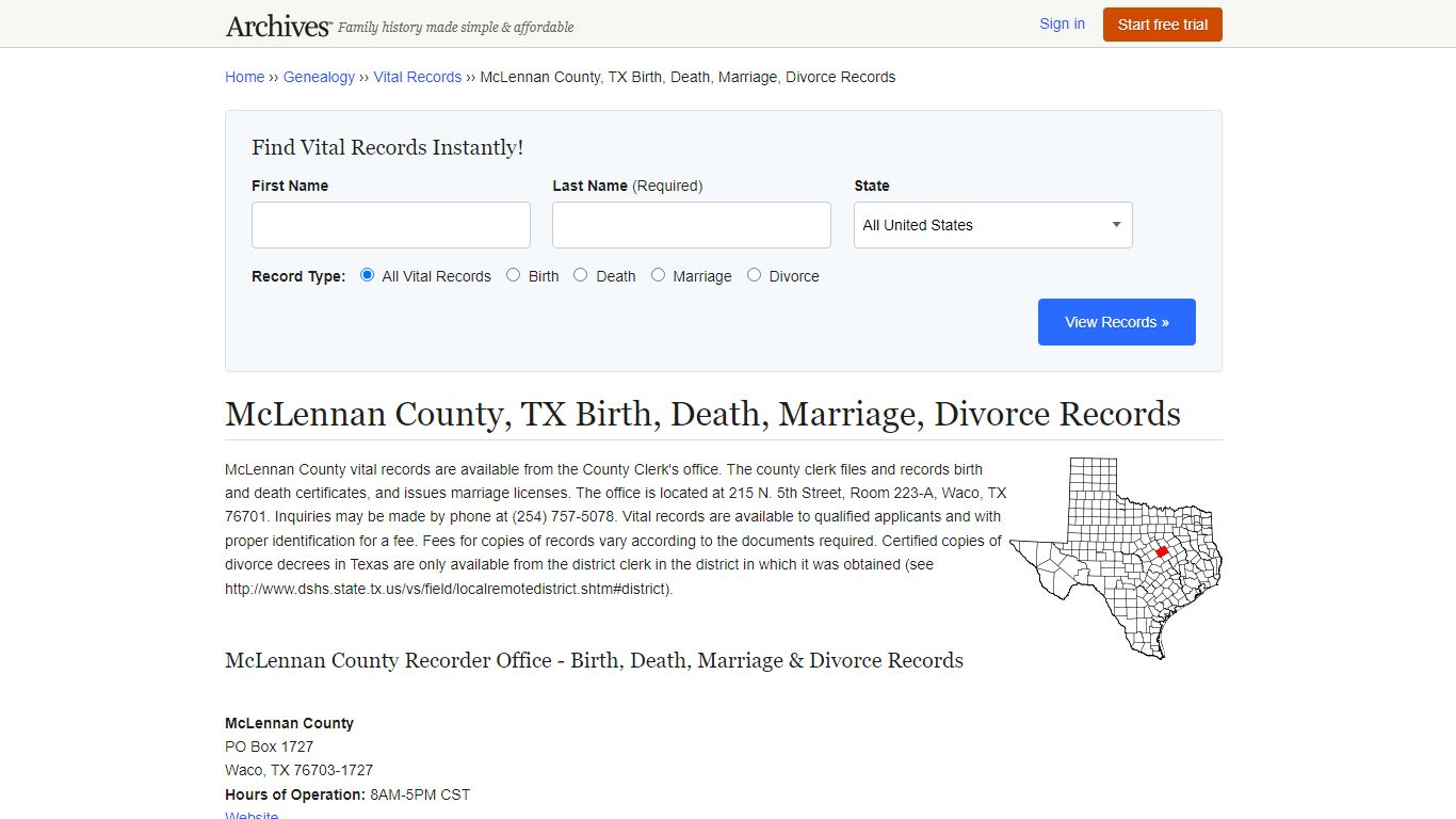 McLennan County, TX Birth, Death, Marriage, Divorce Records